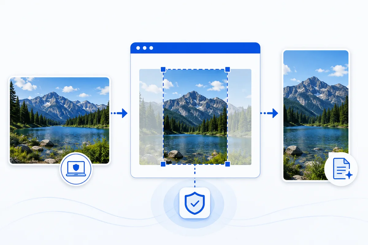 A regular landscape JPEG is center-cropped in the browser and exported as a new portrait JPEG with camera metadata.